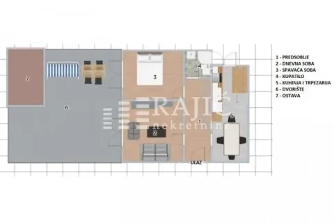 Apartment floor plan showing the room layout and yard. - image 8