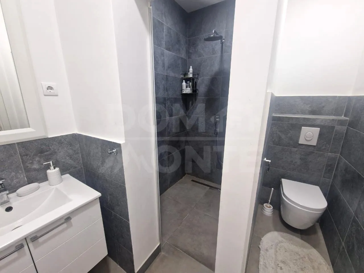 Modernly equipped bathroom with a walk-in shower and sanitary facilities.