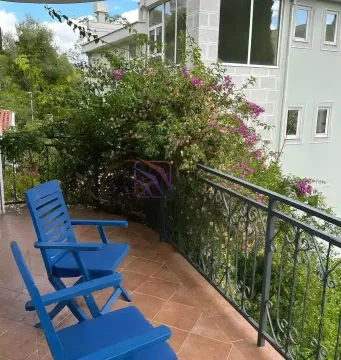 Namtještena terasa sa plavim stolicama i pogledom na zelenilo. - image 5