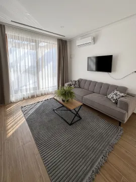 Living room with a grey sofa, coffee table, TV, and access to the terrace. - image 25