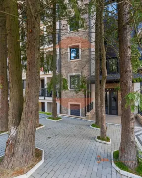 Pogled na fasadu zgrade sa popločanim dvorištem i visokim četinarima. - image 15