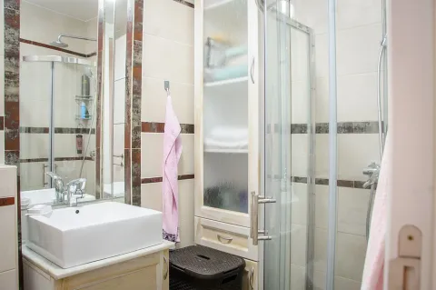 Bathroom with a washbasin, shower cabin, and a storage cabinet. - image 5