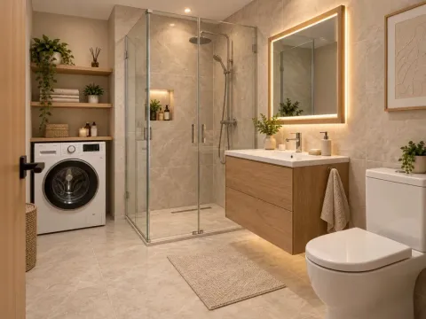 Moderne kupatilo sa tuš kabinom, umivaonikom, toaletom i veš mašinom. - image 6
