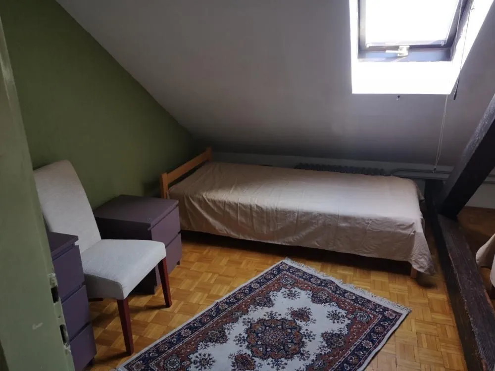Attic bedroom furnished with a bed, a chair, a bedside table, and a roof window.