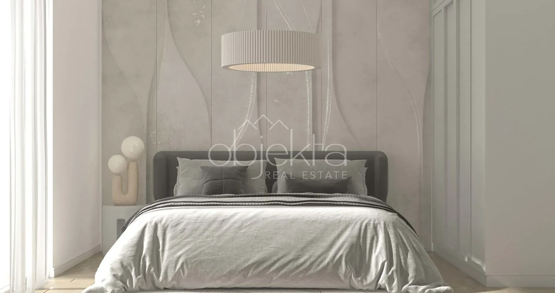Modern bedroom with a double bed and decorative lighting.
