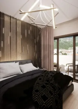 Modern bedroom with a double bed and a wooden wall panel. - image 21