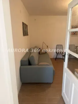 Manja dnevna soba sa sivom sofom i drvenim podom. - image 6