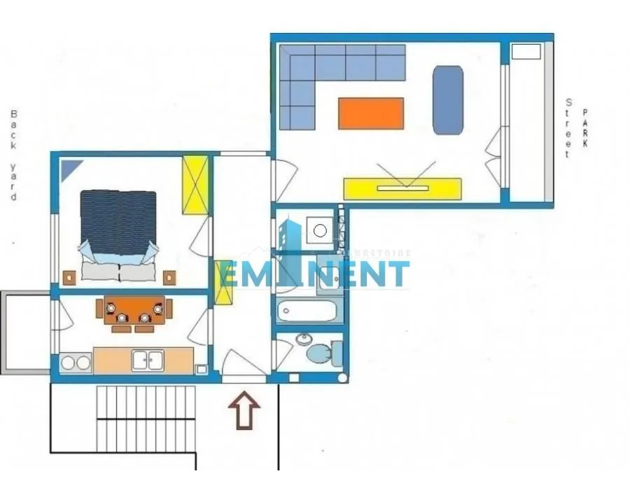 Two-dimensional floor plan of the apartment showing room layout and furniture.