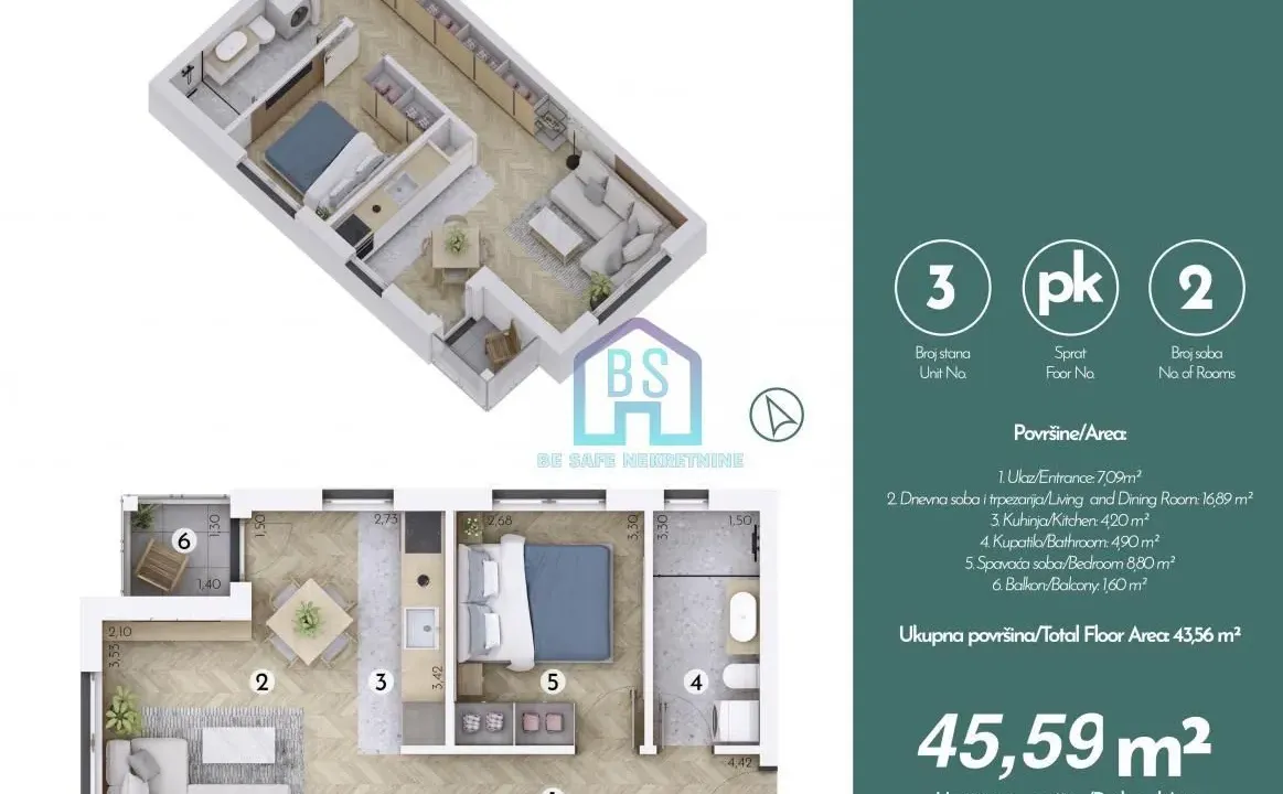 Sale, one bedroom apartment, 46m², Novo naselje, Novi Sad