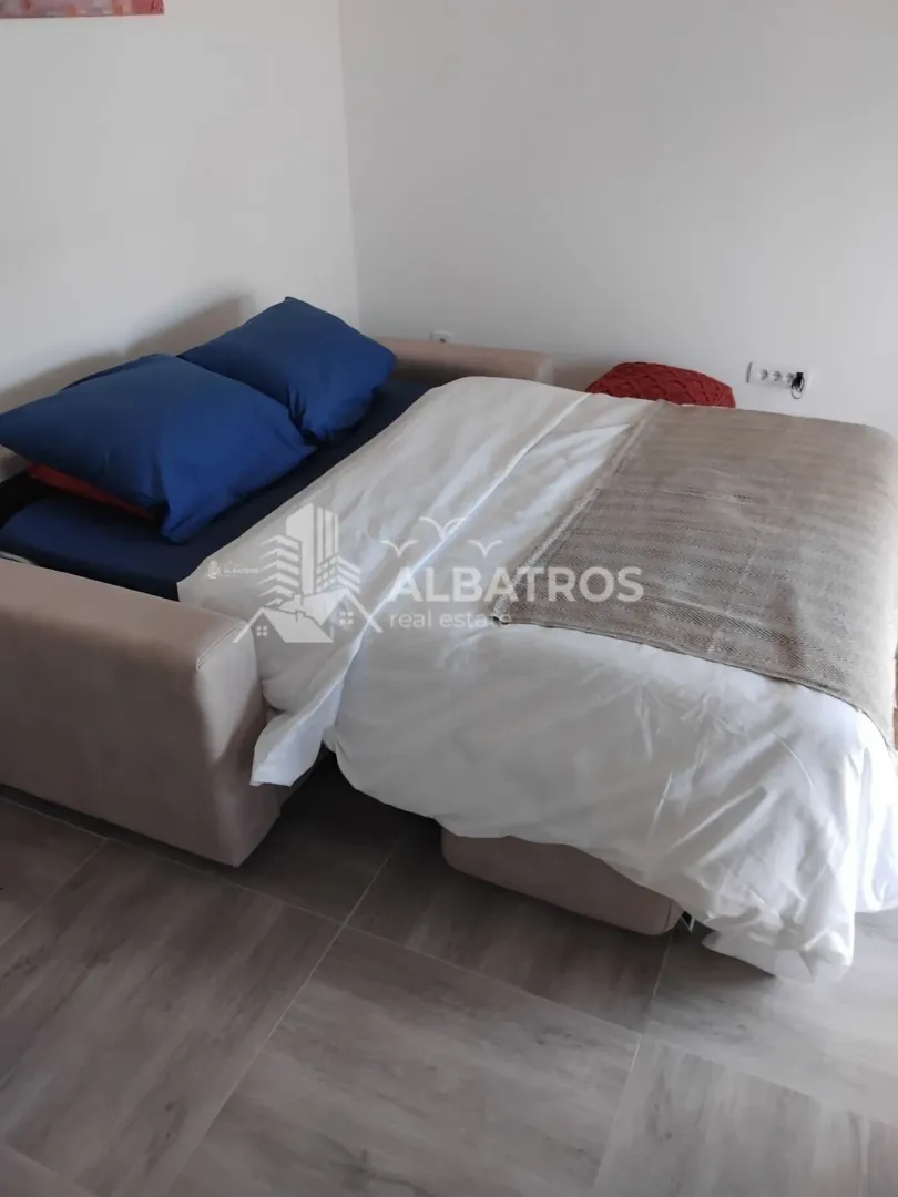 Comfortable pull-out sofa set up in the living room.