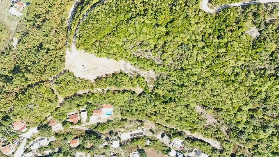 Pogled iz vazduha na šumoviti pejzaž sa okolnim objektima i putem.