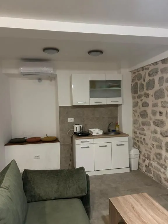 Small living room with a kitchenette and a sofa in the foreground.