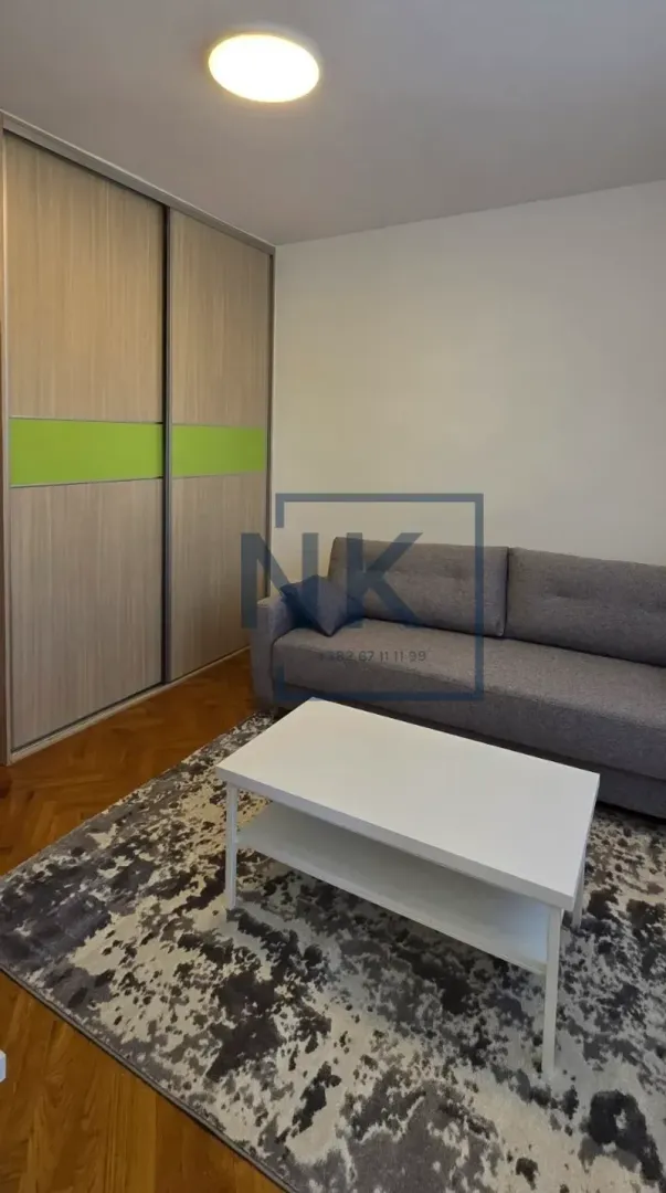Living room with a gray sofa, white coffee table, and built-in wardrobe.