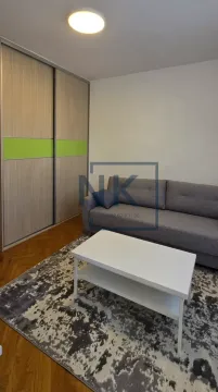 Living room with a gray sofa, white coffee table, and built-in wardrobe. - image 3