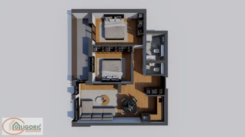 3D tlocrt stana sa rasporedom prostorija i nameštajem. - image 3