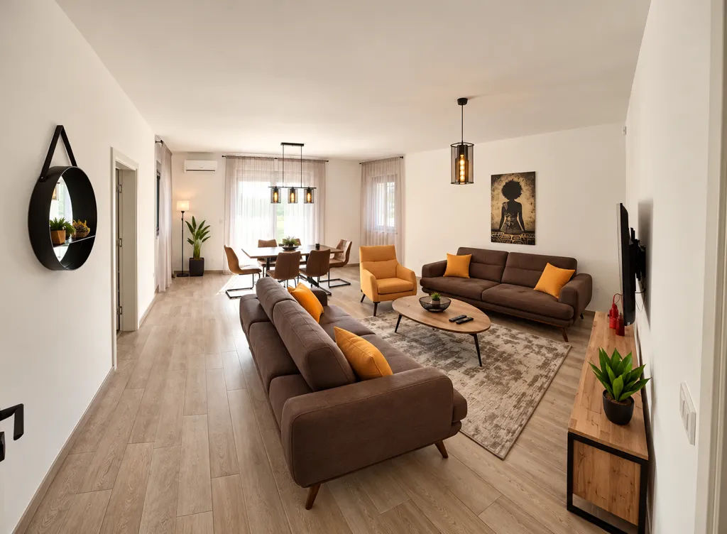 Spacious and bright living room with a sofa set, dining area, and modern furniture.