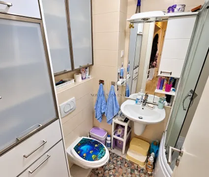 Manje kupatilo sa umivaonikom, tuš kabinom, WC šoljom i ormarićima. - image 9