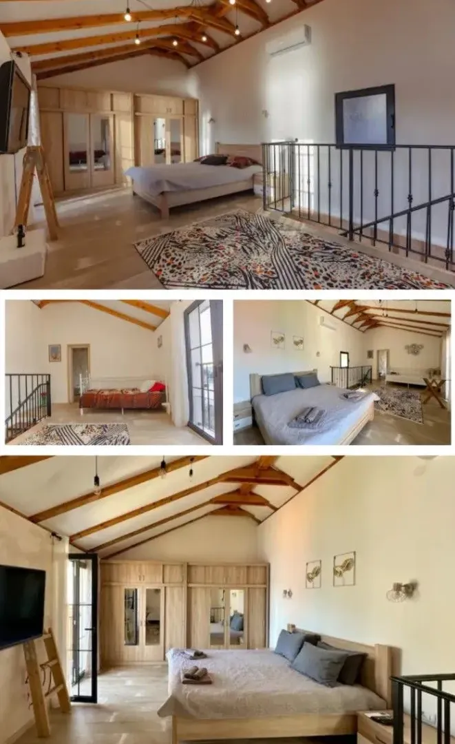 Collage of images showing a spacious bedroom with wooden roof beams.