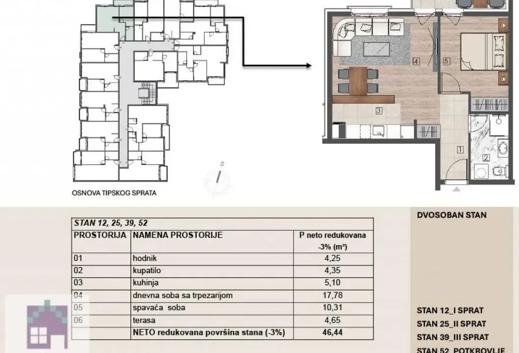 Sale, two bedroom apartment, 46m², Obrenovac, Beograd