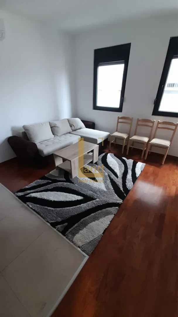 Living room with a sofa, coffee table, and rug.