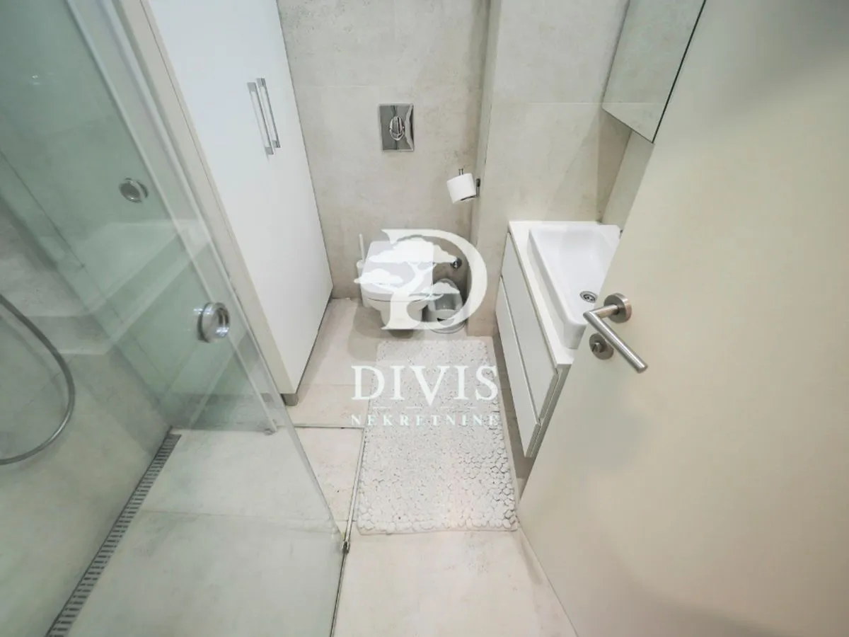 View of the bathroom with a walk-in shower, washbasin, and toilet.