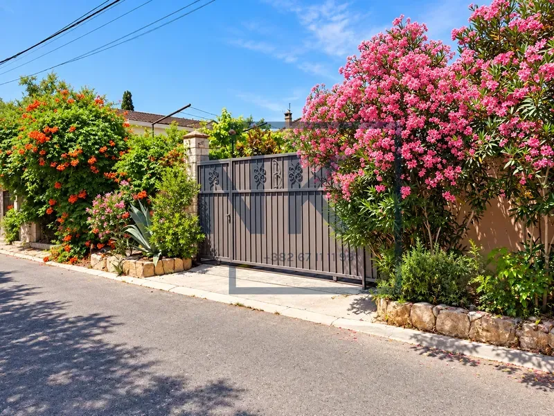 Metal gate with a landscaped yard and lush flowering bushes on the sides.