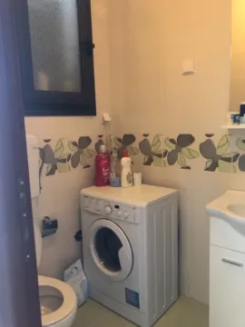 A bathroom with a washing machine, sink, and toilet. - image 12