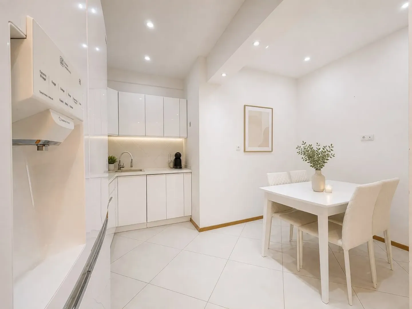 Modern white kitchen with a dining area and built-in appliances.