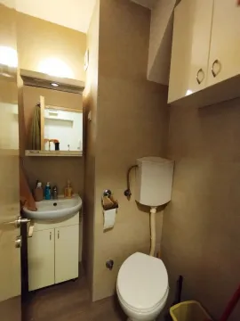 Kupatilo opremljeno umivaonikom, WC šoljom, ogledalom i zidnim ormarićem. - image 10
