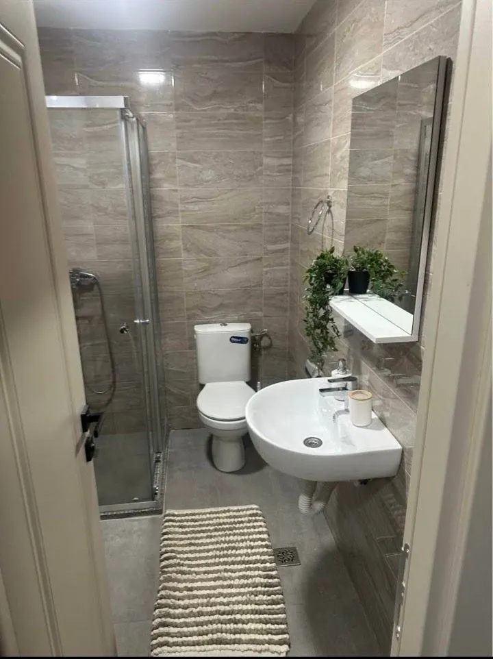 Manje kupatilo sa tuš kabinom, umivaonikom i WC šoljom.