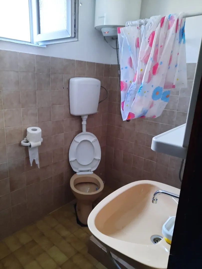 Small bathroom with toilet and sink in brown tones.