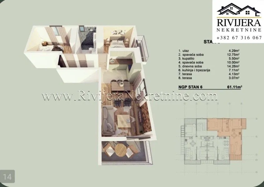 Prodaja, dvosoban stan, 61m², Orahovac, Kotor