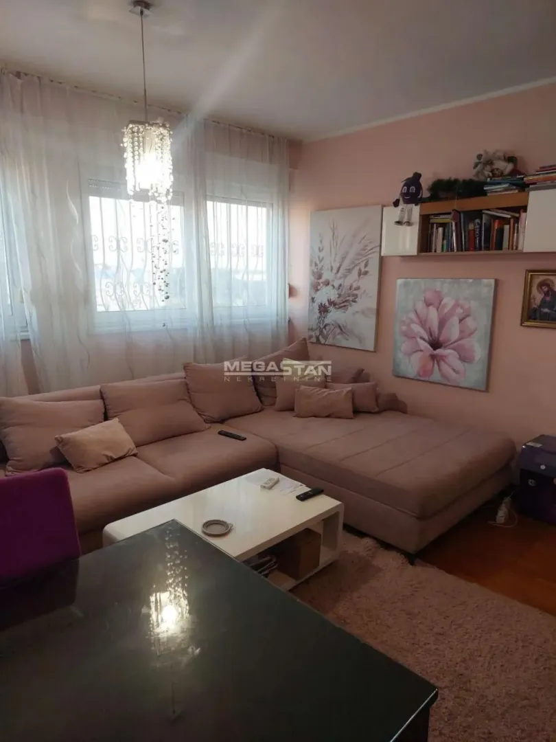 Living room with a corner sofa, coffee table and wall paintings.