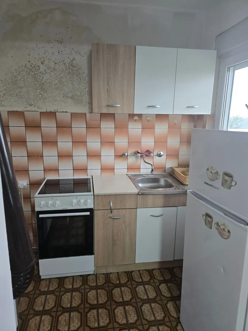 Manja kuhinja sa elementima, šporetom, sudoperom i frižiderom.
