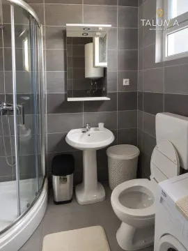 Bathroom with a shower cabin, washbasin, toilet, and a mirror. - image 5