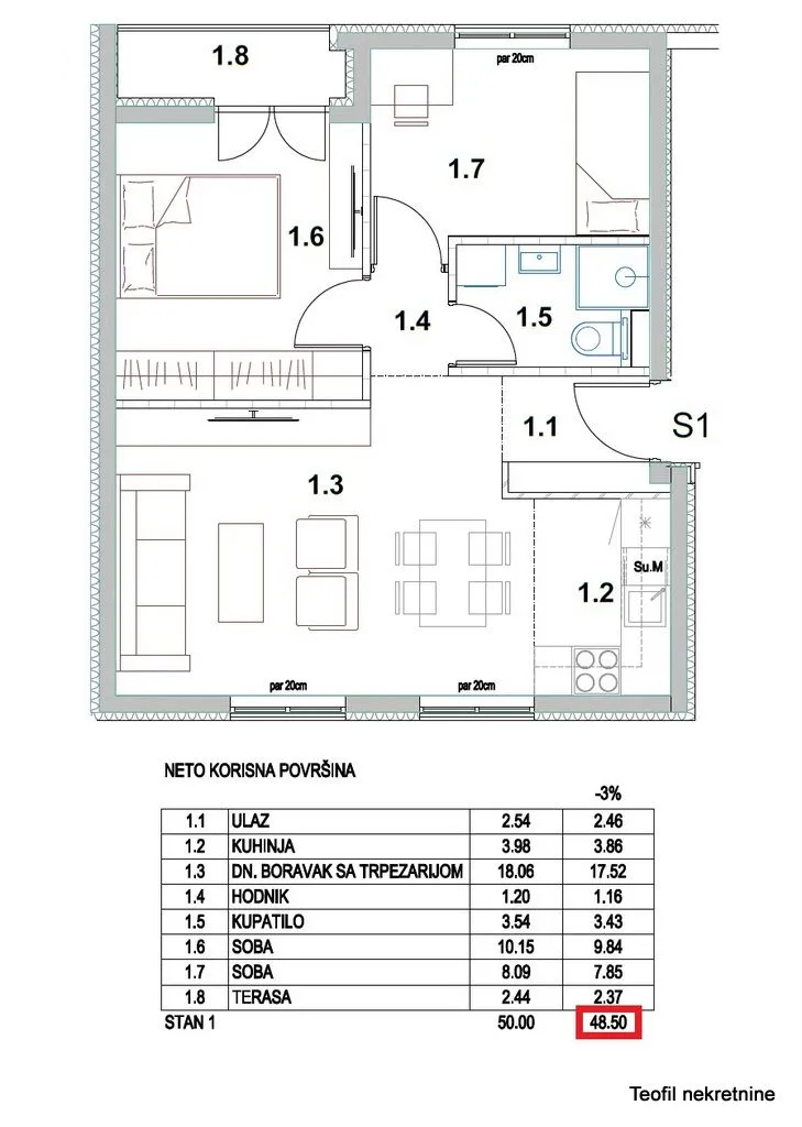 Sale, two bedroom apartment, 48m², Palilula, Niš