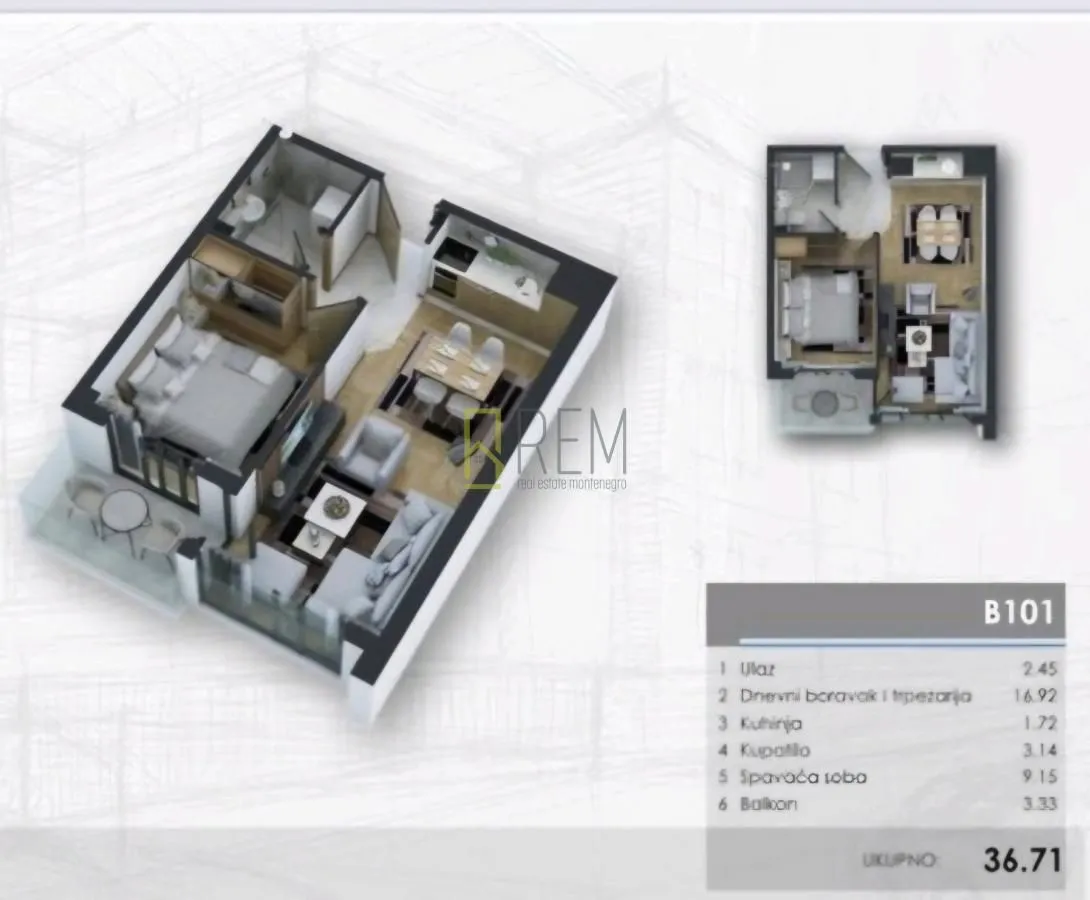 Prodaja, jednosoban stan, 37m², Donja Gorica, Podgorica
