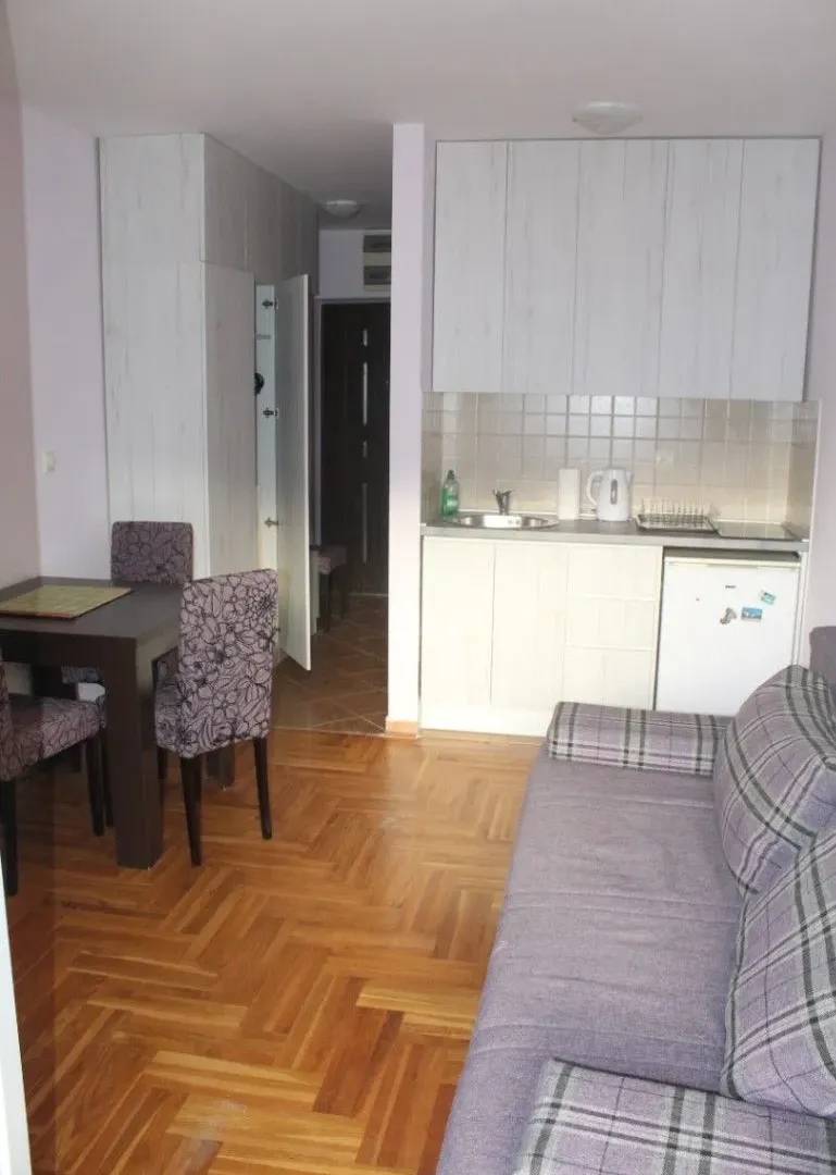 Living room with a sofa, dining table, and a small kitchen in the background.