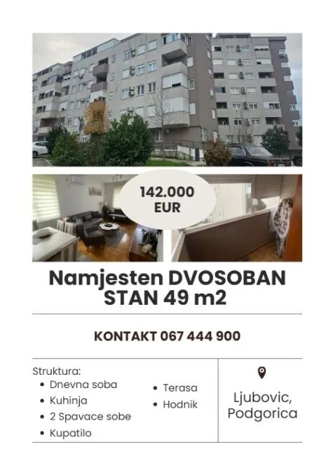 Sale, two bedroom apartment, 49m², Ljubović, Podgorica