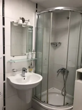 Simple bathroom with a shower cabin and a sink. - image 18