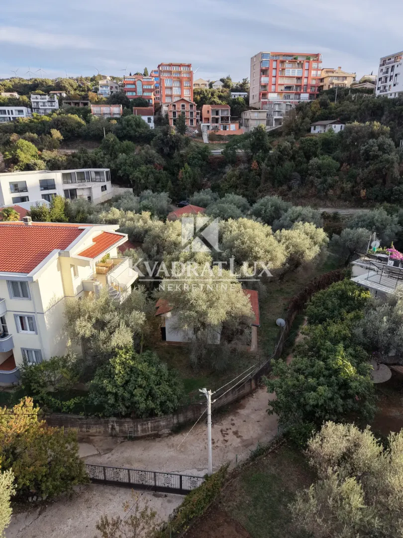 Pogled iz vazduha na okolno naselje i zelenilo sa drvećem.