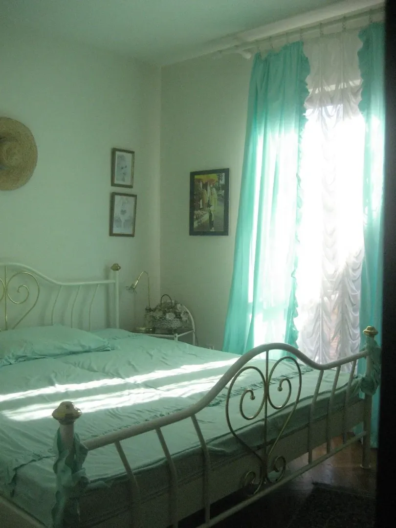 Bedroom with a metal-frame bed and turquoise curtains.