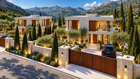 Pogled na eksterijer modernih vila sa uređenim dvorištem, ogradom i planinskim pejzažom u pozadini. - image 8
