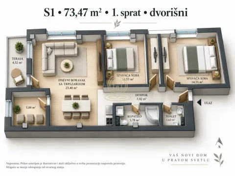 Tlocrt trosobnog stana sa rasporedom prostorija i kvadraturom. - image 2