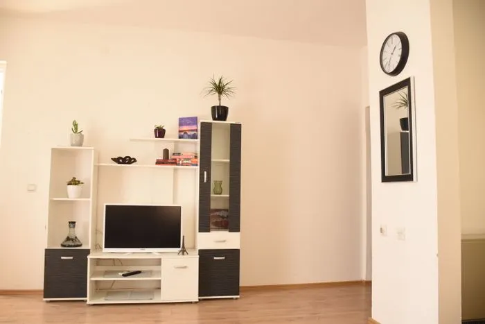 Living room with a TV unit and shelves.