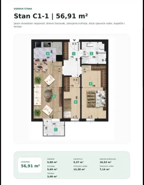 Prodaja, dvosoban stan, 57m², City Kvart, Podgorica - Plan prostora - image 6