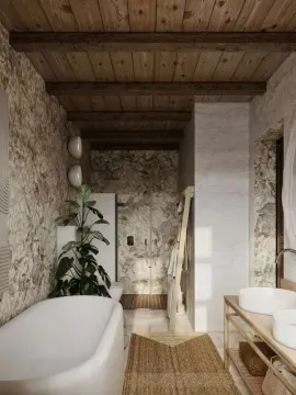 Kupatilo sa kadom, dvostrukim umivaonikom i drvenim gredama na plafonu. - image 11