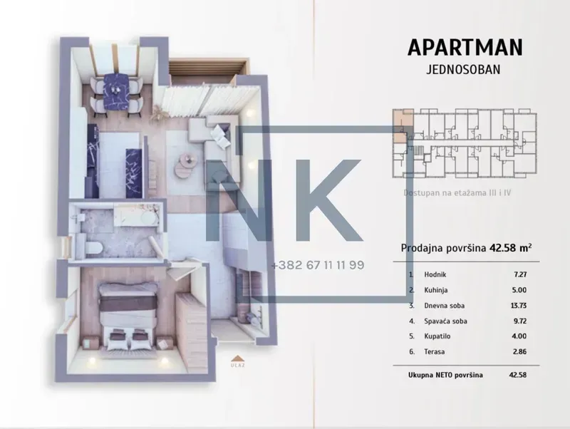 Sale, one bedroom apartment, 42m², Centar, Kolašin