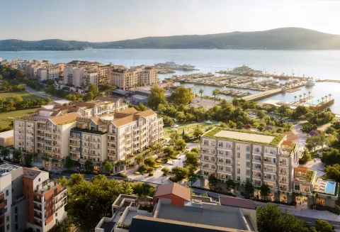 Pogled iz vazduha na moderna stambena zgradu, naselje i marinu sa jahtama. - image 3