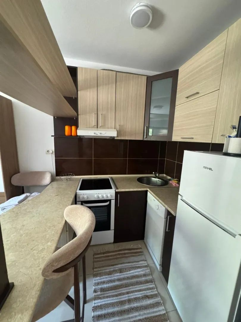 Small equipped kitchen with a dining counter and home appliances.